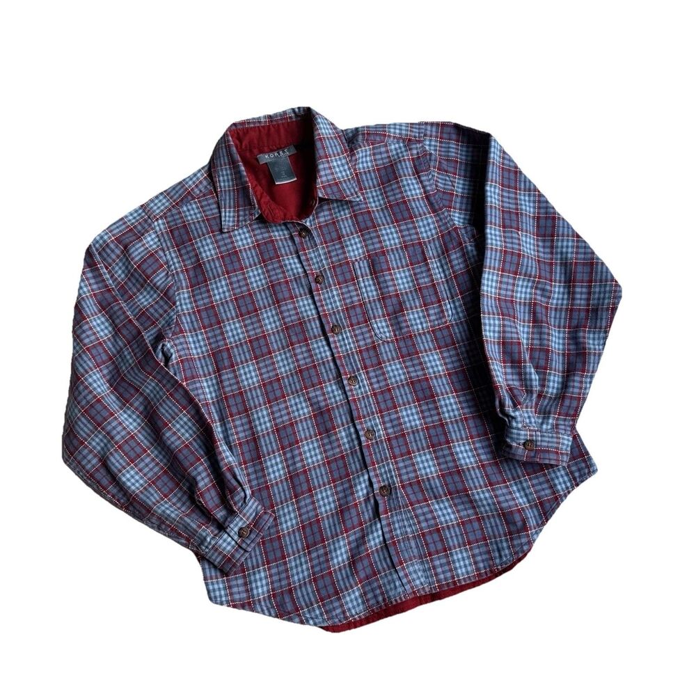 Koret City Women's PM Button Shirt Blues Red Plaid Reversible Cotton Long Sleeve